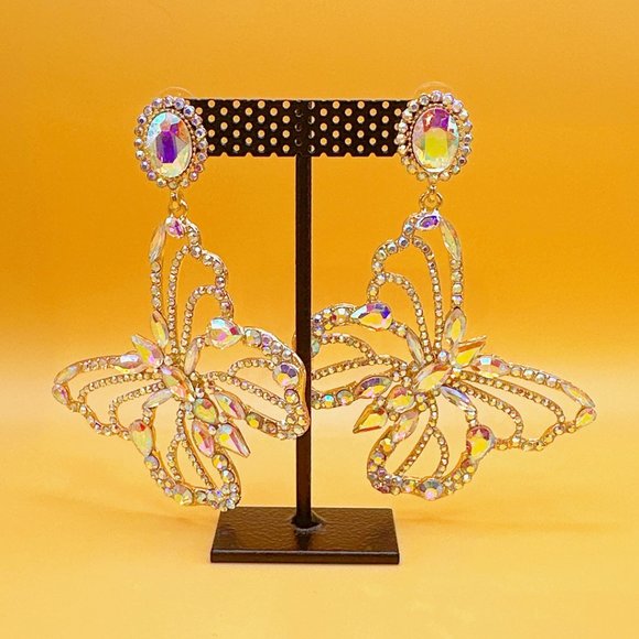 Aurora Borealis Rhinestone Large Butterfly Earring - Picture 7 of 11